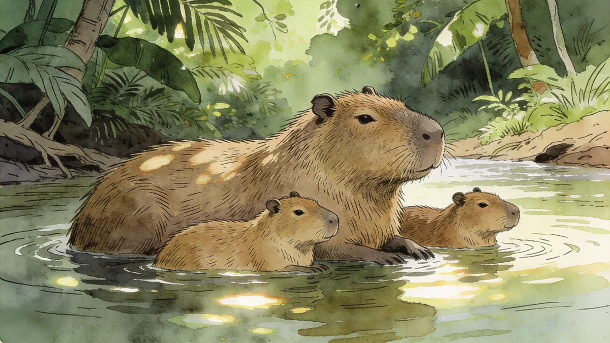 Visual depiction of A capybara family resting in the shallows of a jungle river at midday