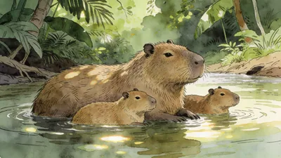 Visual depiction of A capybara family resting in the shallows of a jungle river at midday