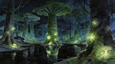 Visual depiction of A Carboniferous coal swamp at night