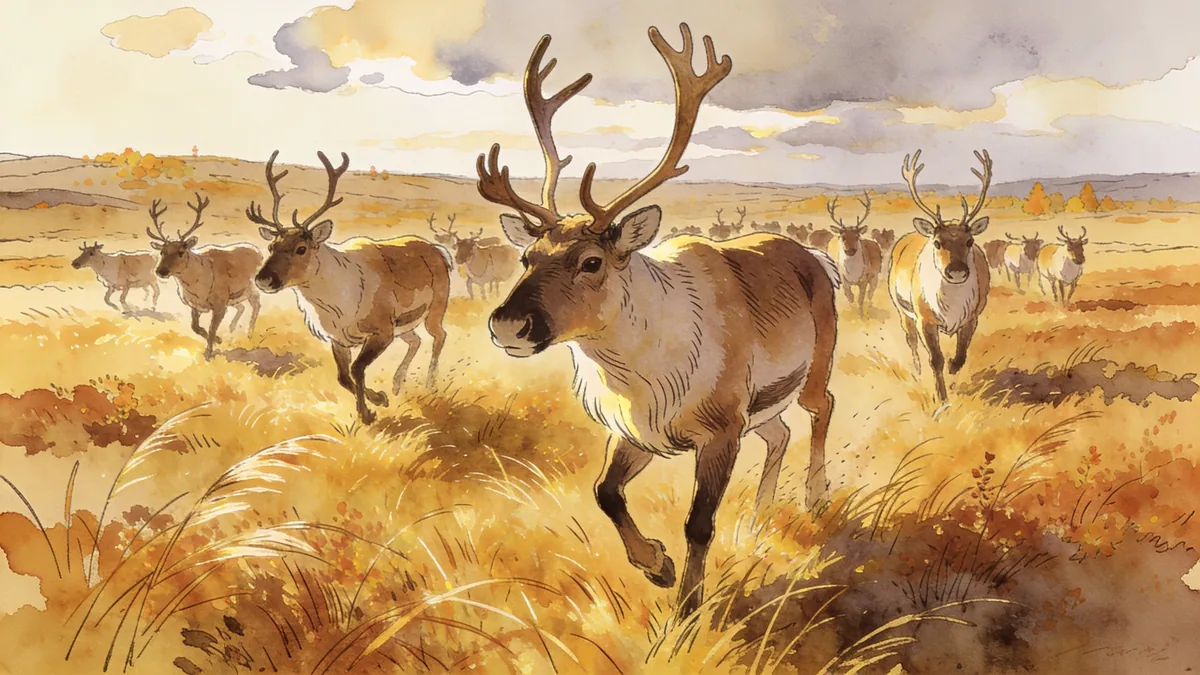 Visual depiction of A caribou herd migrating across autumn tundra