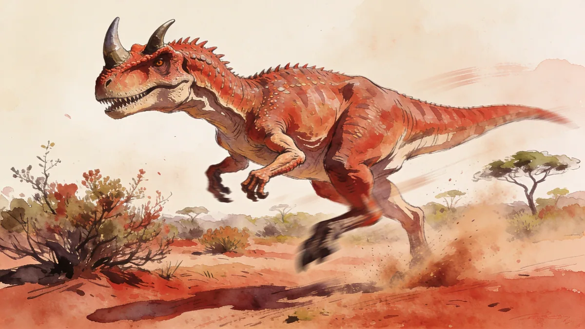 Visual depiction of A Carnotaurus in full sprint through a Late Cretaceous scrubland