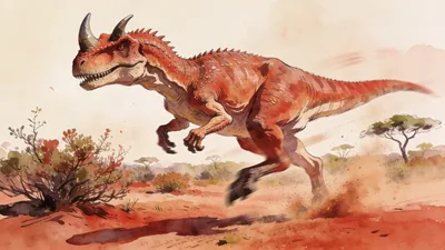Visual depiction of A Carnotaurus in full sprint through a Late Cretaceous scrubland