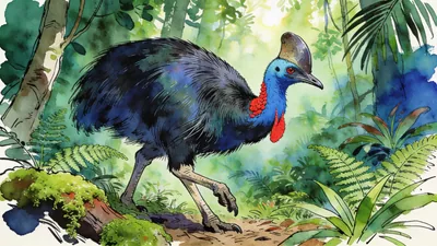 Visual depiction of A cassowary stepping through a Queensland rainforest