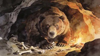 Visual depiction of A cave bear in its den surrounded by bones