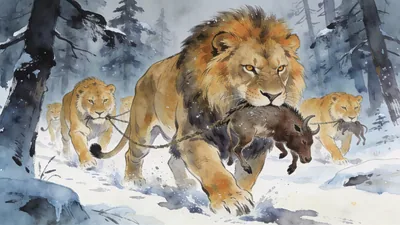 Visual depiction of A cave lion pride dragging prey through an ice age European forest