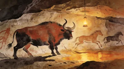 Visual depiction of A cave painting scene — giant aurochs and running horses in red and black ochre on limestone — lit by a fat lamp
