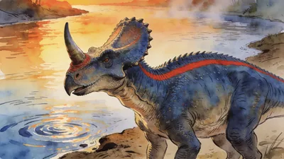 Visual depiction of A Ceratosaurus beside a Jurassic river at sunset