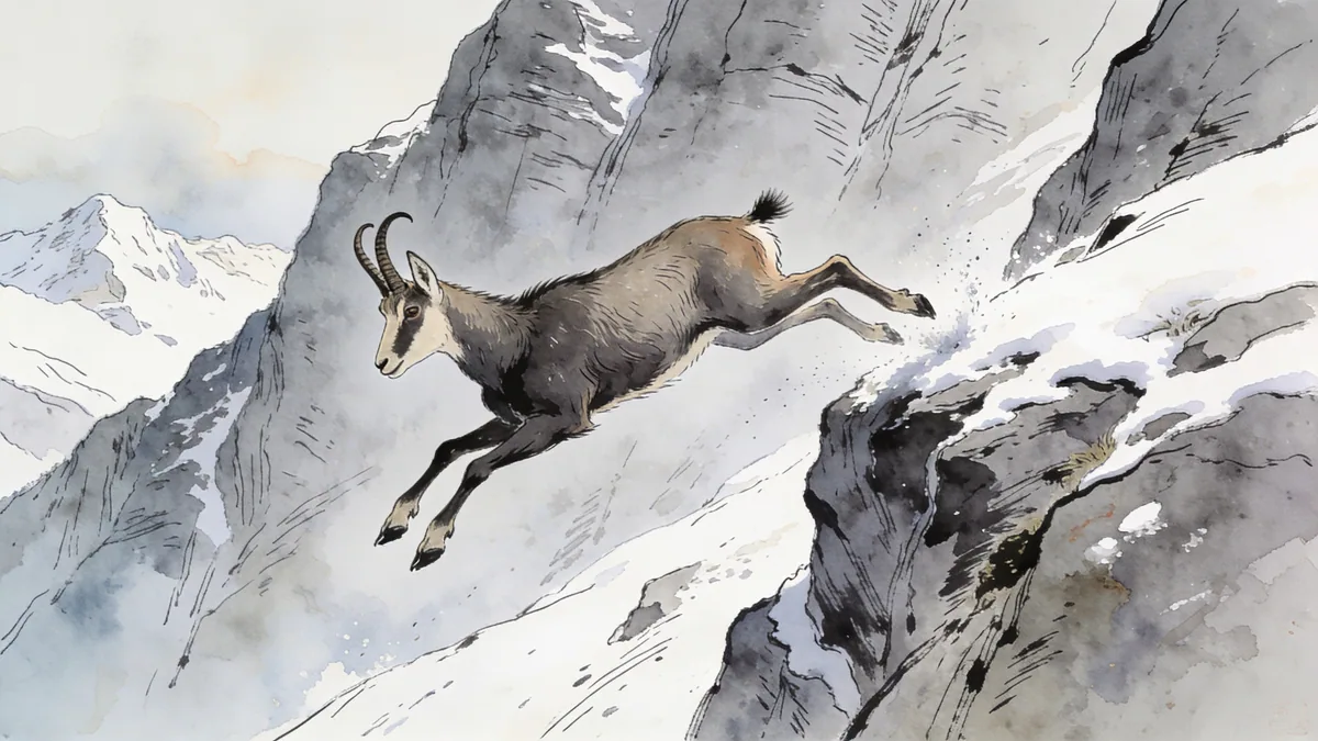 Visual depiction of A chamois bounding in long leaps across an impossibly steep mountain face