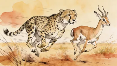 Visual depiction of A cheetah in full sprint chasing a Thomson's gazelle across dry savanna