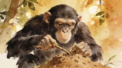 Visual depiction of A chimpanzee using a stick tool to extract termites from a mound