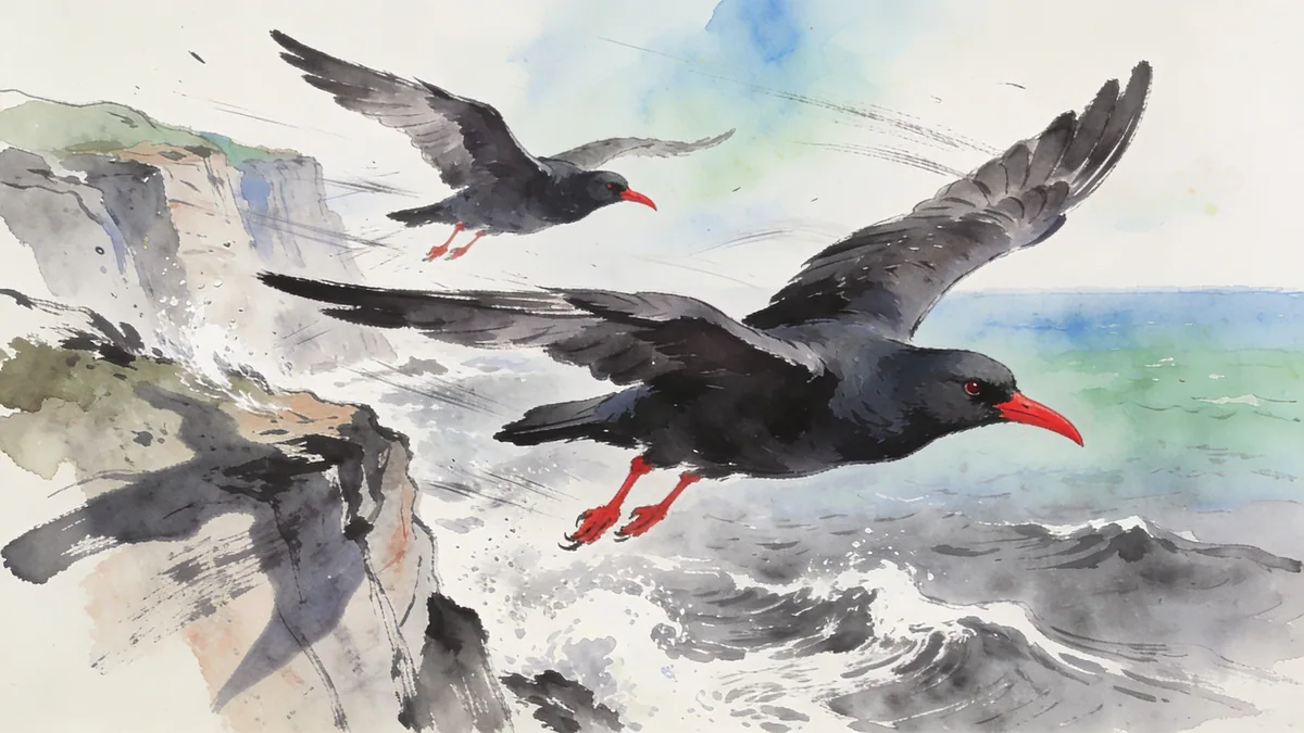 Visual depiction of A chough pair swooping along sea cliffs in Atlantic wind