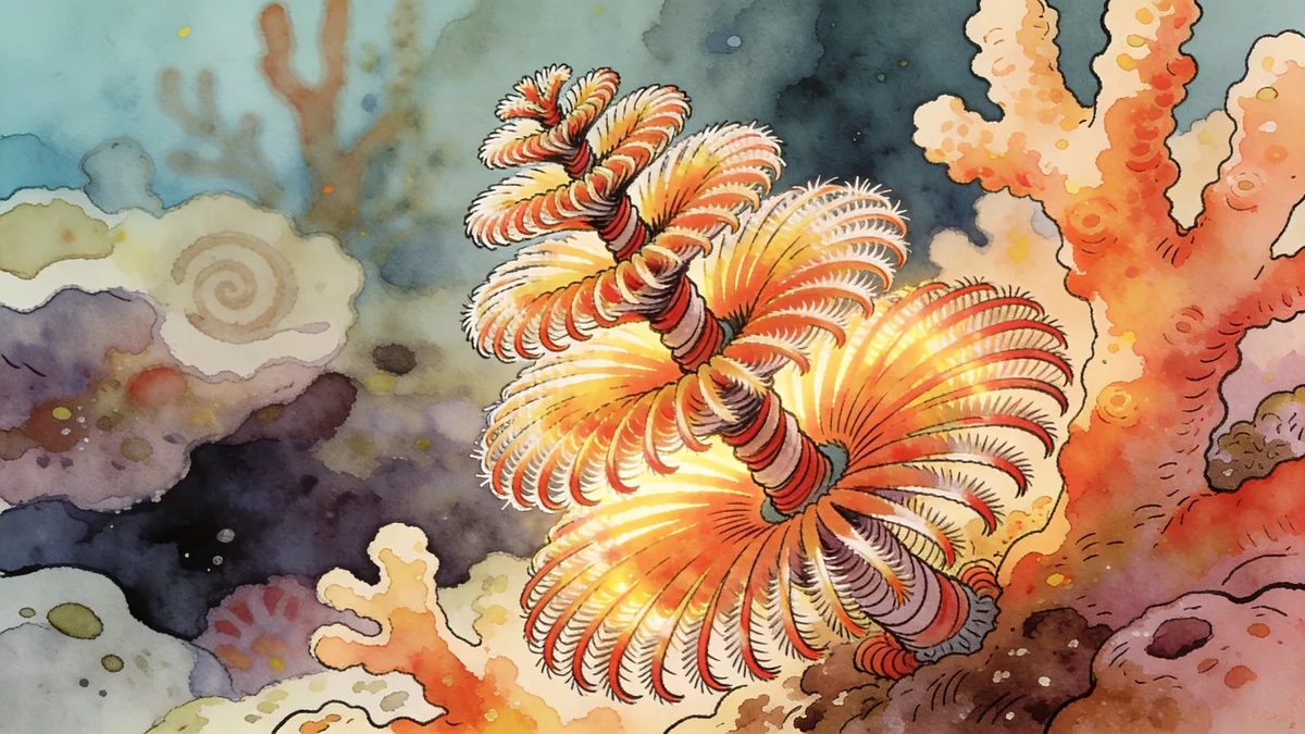 Visual depiction of A Christmas tree worm extending its spiral plumes from coral