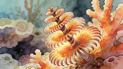 Visual depiction of A Christmas tree worm extending its spiral plumes from coral