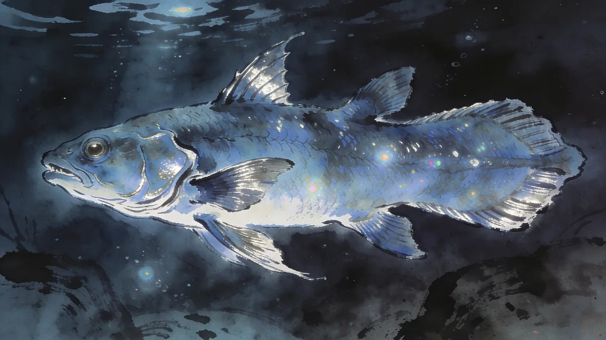 Visual depiction of A Coelacanth — unchanged for 400 million years — in deep ocean off Madagascar