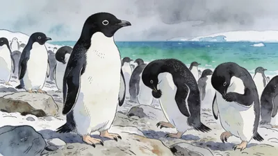 Visual depiction of A colony of Adélie penguins on a rocky Antarctic shore