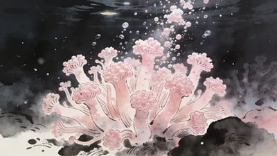 Visual depiction of A colony of coral polyps spawning at night