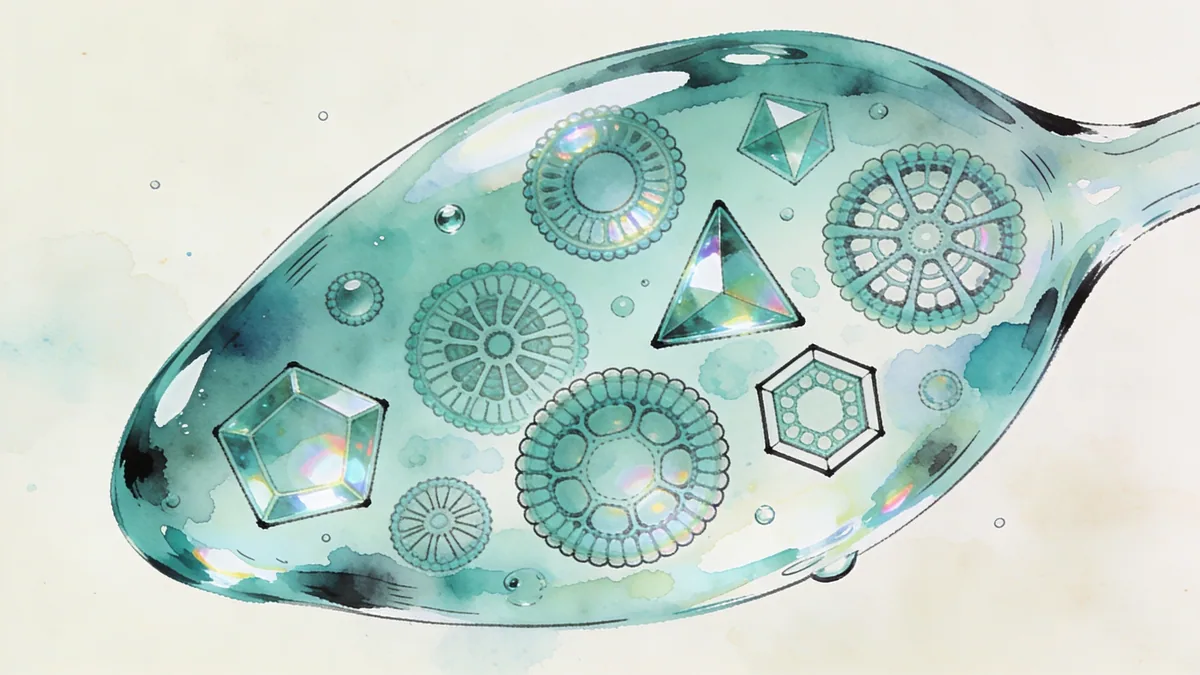 Visual depiction of A colony of diatoms in various geometric forms drifting in a water drop