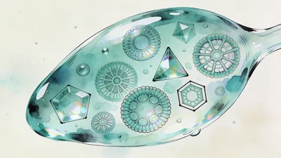 Visual depiction of A colony of diatoms in various geometric forms drifting in a water drop