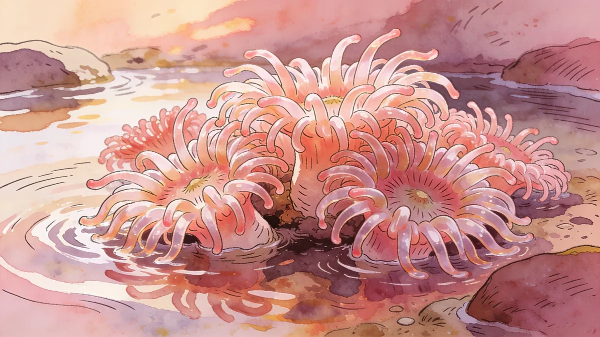 Visual depiction of A colony of sea anemones in a tidal pool