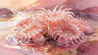 Visual depiction of A colony of sea anemones in a tidal pool