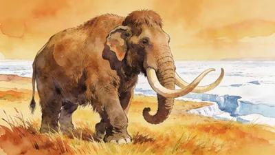 Visual depiction of A Columbian mammoth in a warm grassland at the edge of the ice sheet