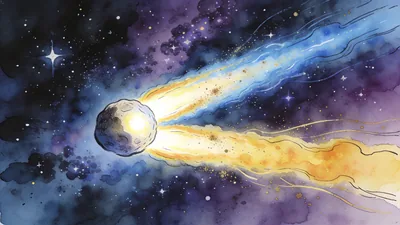 Visual depiction of A comet with a bright nucleus and twin tails — dust and plasma — crossing a rich star field