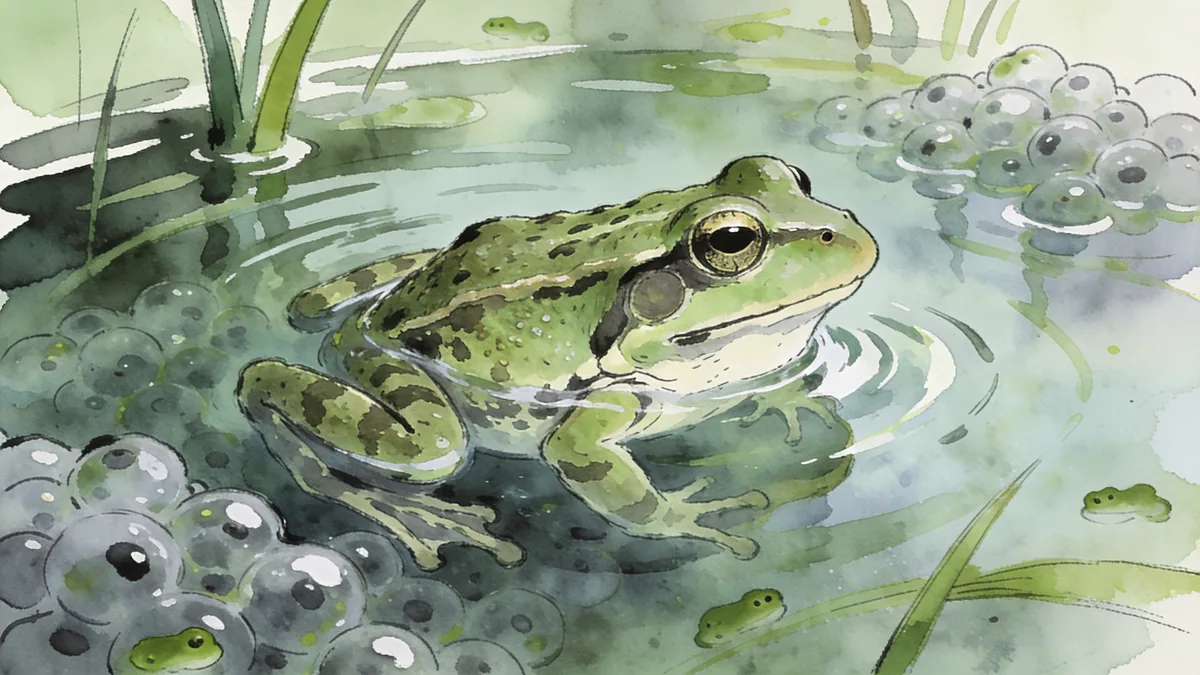 Visual depiction of A common frog in spring pond surrounded by frogspawn
