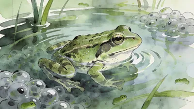 Visual depiction of A common frog in spring pond surrounded by frogspawn