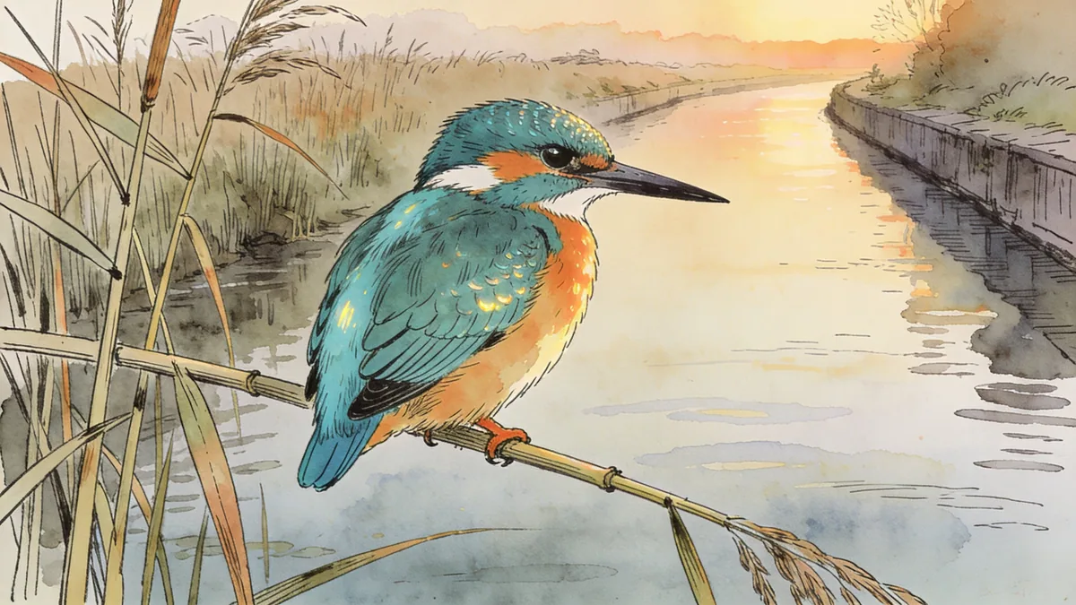 Visual depiction of A common kingfisher perched on a reed above a canal at dawn