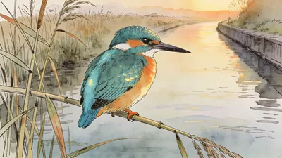 Visual depiction of A common kingfisher perched on a reed above a canal at dawn