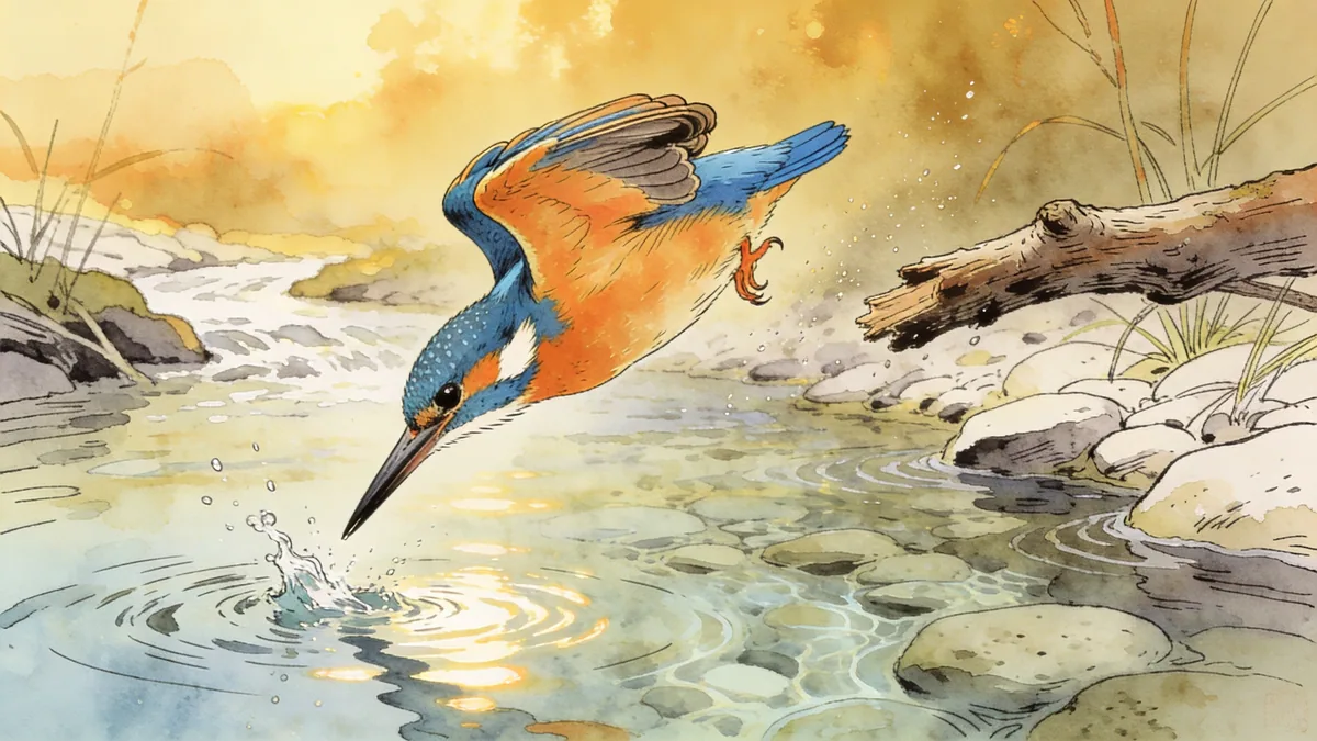 Visual depiction of A common kingfisher diving from a branch into a crystal clear chalk stream