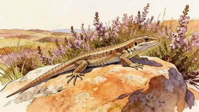 Visual depiction of A common lizard basking on a warm granite rock on summer heathland