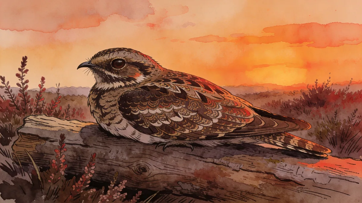 Visual depiction of A common nightjar resting on a heathland log at dusk