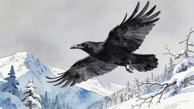 Visual depiction of A common raven in full soaring flight above a snow-covered winter mountain forest