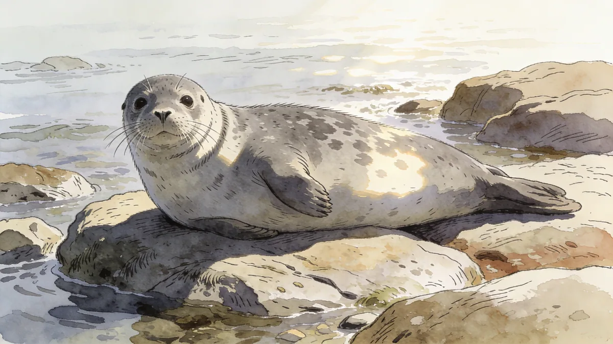 Visual depiction of A common seal hauled out on tidal rocks at low water
