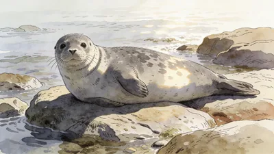 Visual depiction of A common seal hauled out on tidal rocks at low water