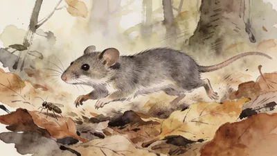 Visual depiction of A common shrew hunting insects in autumn leaf litter
