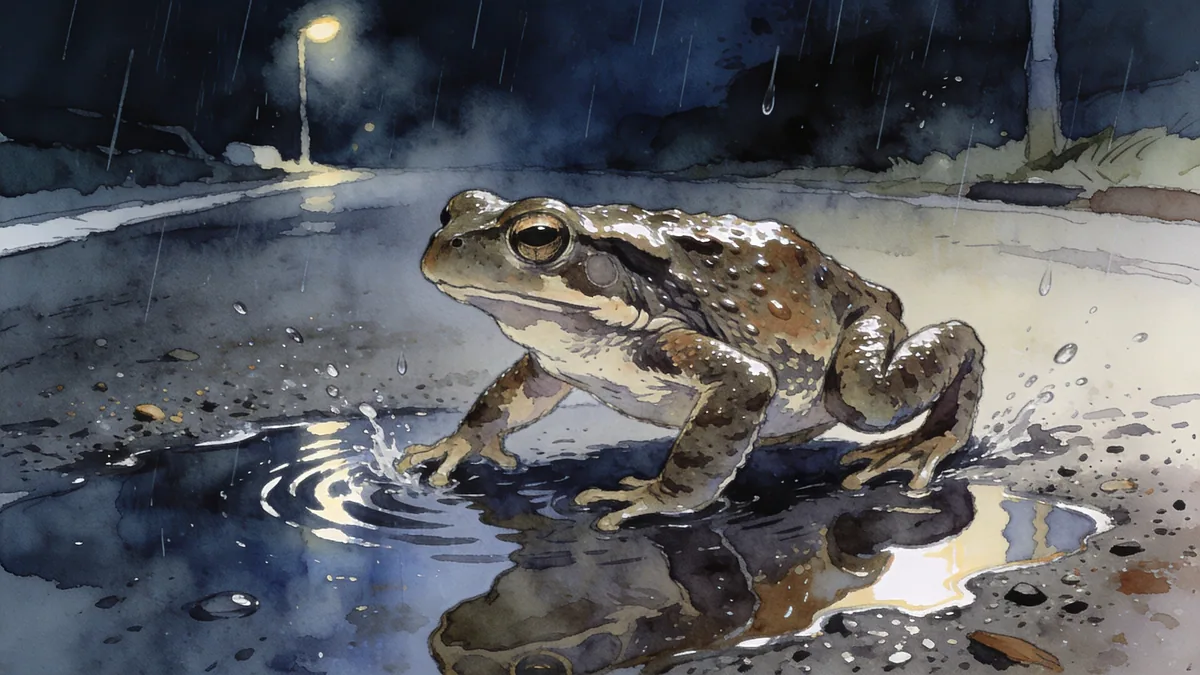 Visual depiction of A common toad migrating across a wet road on a rainy night