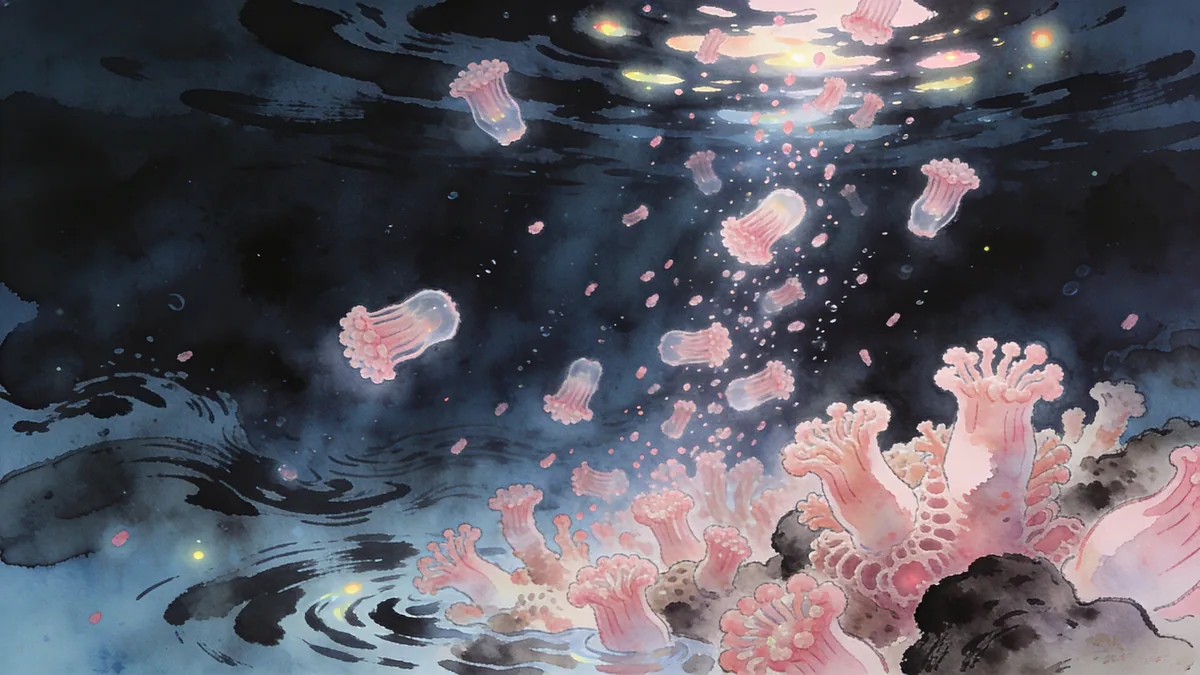 Visual depiction of A coral spawning event at night