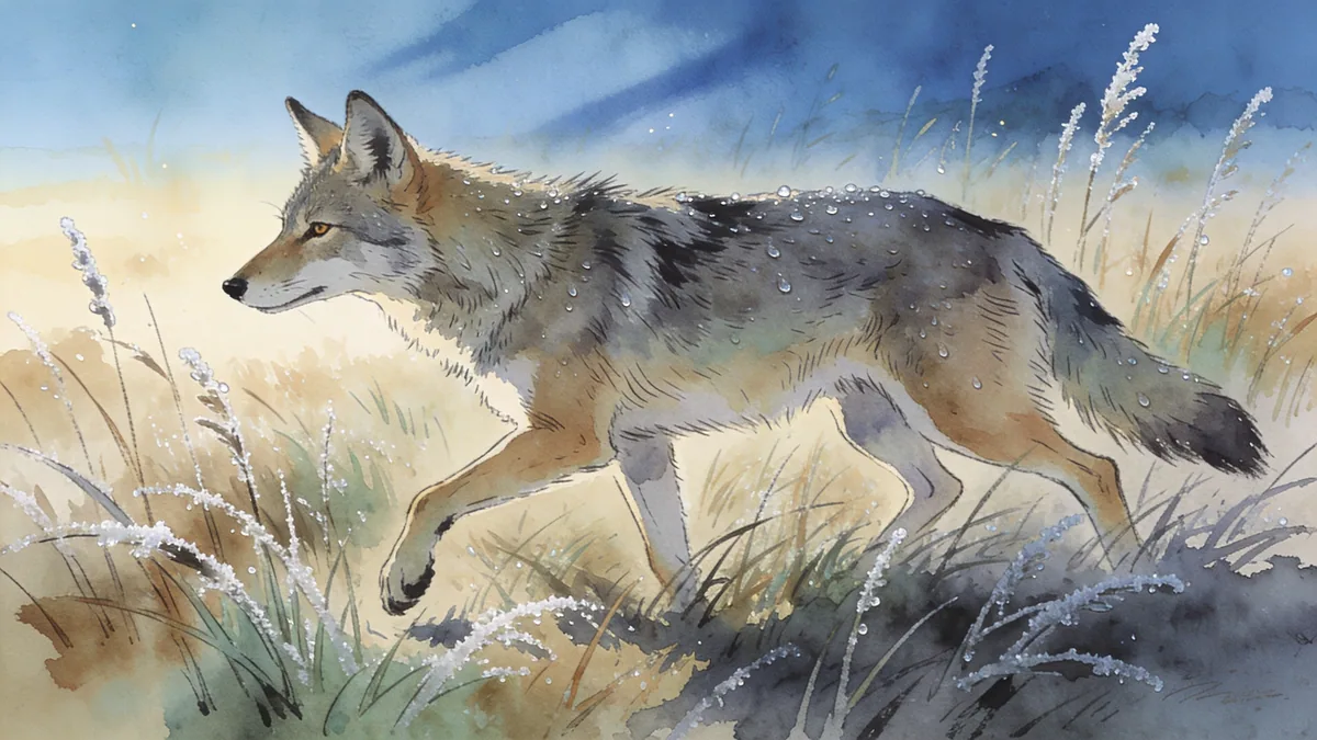 Visual depiction of A coyote trotting silently through tall prairie grass at dawn