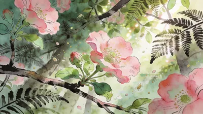 Visual depiction of A Cretaceous forest canopy with early flowering plants blooming for the first time
