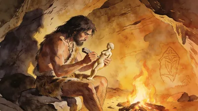 Visual depiction of A Cro-Magnon artist carving a Venus figurine by firelight