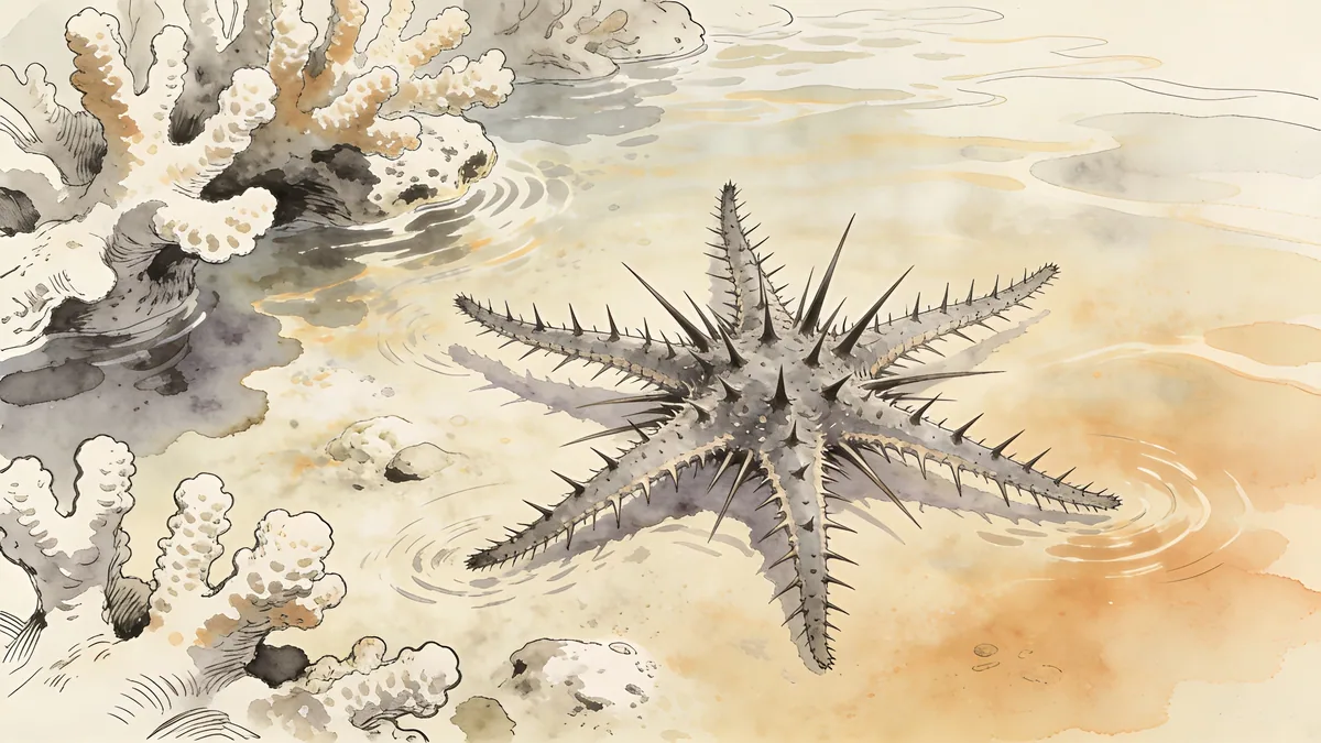 Visual depiction of A crown-of-thorns starfish moving across a bleached coral