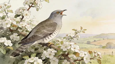 Visual depiction of A cuckoo perched in a hawthorn hedge in spring countryside