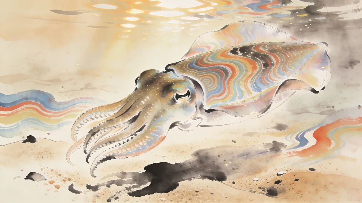 Visual depiction of A cuttlefish displaying hypnotic travelling waves of colour across its mantle