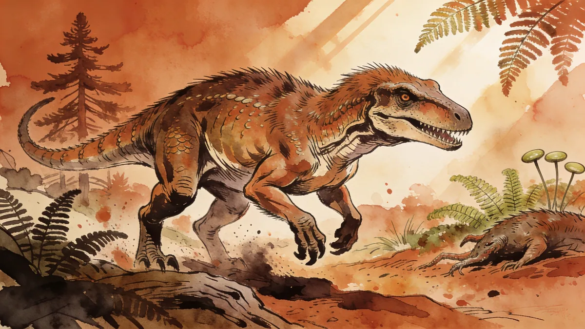 Visual depiction of A Cynognathus — mammal-like reptile — stalking prey in a Triassic landscape