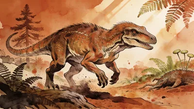 Visual depiction of A Cynognathus — mammal-like reptile — stalking prey in a Triassic landscape