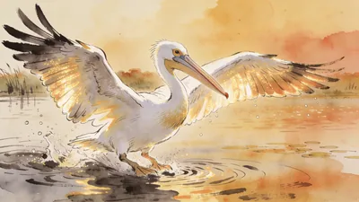 Visual depiction of A Dalmatian pelican landing on a Danube delta lake