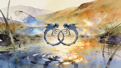 Visual depiction of A damselfly pair in wheel position hovering above a highland pond