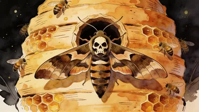 Visual depiction of A death's-head hawkmoth perched on a beehive entrance
